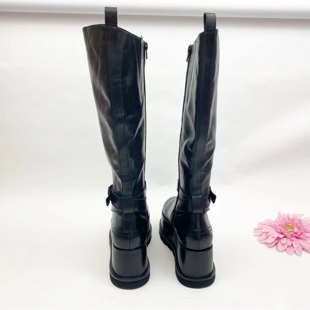 Free People Collection Not For Riding Platform Boots Tall Leather Buckle Black